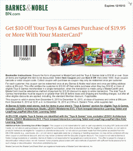 Barnes & Nobles 2013 December LEGO Coupon $10 off with Mastercard