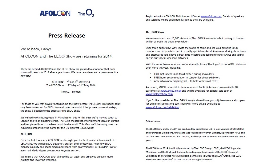 AFOLCON 2014 LEGO Press Release