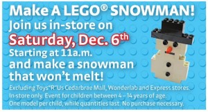 Snowman LEGO Build ToysRUs December 2014 Holiday Christmas - Toysnbricks