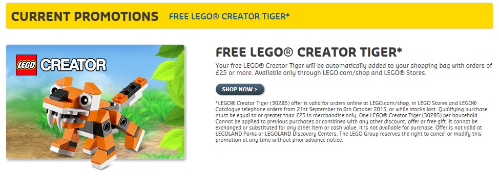 LEGO 30285 Creator Tiger UK LEGOShop Free Gift October 2015