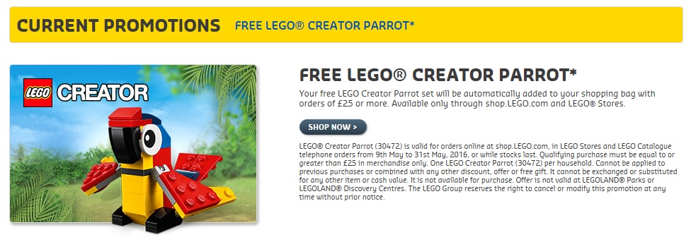 LEGO Creator Parrot 30472 UK and Europe 2016 May Promotion
