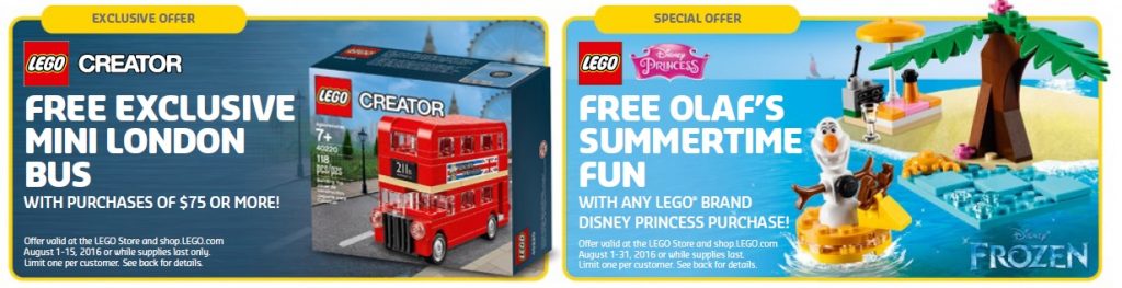 August 2016 LEGO Store Shop Promotions and Sales