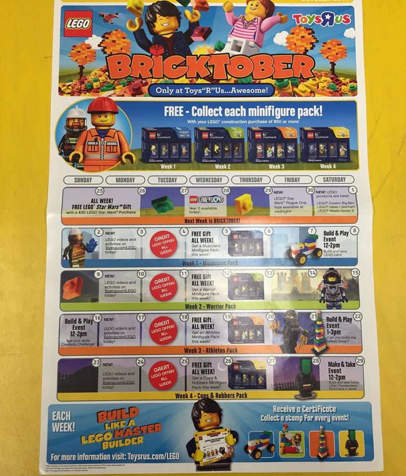 LEGO Bricktober ToysRUs 2016 USA Calendar & Promotions