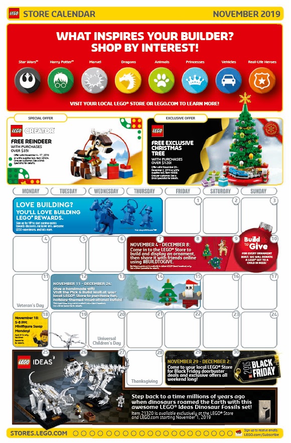 Friday 2019 Promo & November 2019 LEGO Brand Retail Store Calendar - Toys Bricks